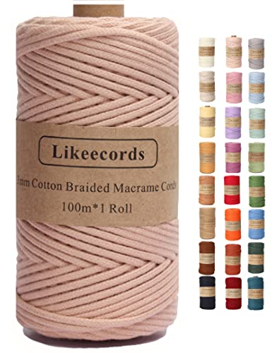 Likeecords Makramee Garn Geflochten 3mm x 100m,100% Natürliches Baumwollschnur Makramee-Schnur, Makramee-Seil, bunte Bastelkordel aus Baumwolle für Taschen, Wandbehänge (fleischig rosa) von Likeecords