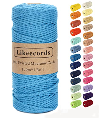 Likeecords Makramee-Schnur, 3 mm x 110 Yards, farbiges Makramee-Seil, Baumwollseil, Makramee-Garn, Bunte Baumwollschnur, zum Aufhängen von Pflanzen, zum Basteln, Stricken (Blue) von Likeecords