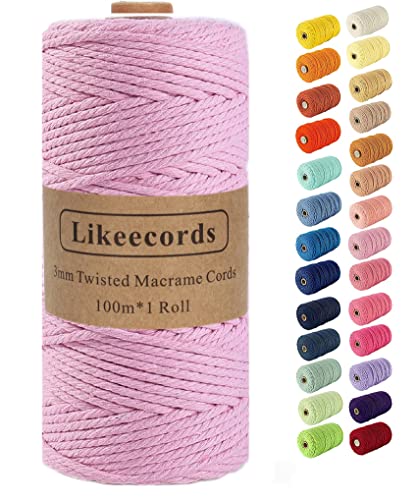 Likeecords Makramee-Schnur, 3 mm x 110 Yards, farbiges Makramee-Seil, Baumwollseil, Makramee-Garn, Bunte Baumwollschnur, zum Aufhängen von Pflanzen, zum Basteln, Stricken (Hell-Pink) von Likeecords