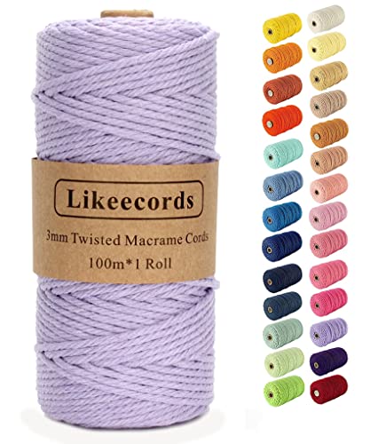 Likeecords Makramee-Schnur, 3 mm x 110 Yards, farbiges Makramee-Seil, Baumwollseil, Makramee-Garn, Bunte Baumwollschnur, zum Aufhängen von Pflanzen, zum Basteln, Stricken (Hellviolett) von Likeecords