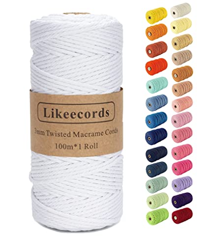 Likeecords Makramee-Schnur, 3 mm x 110 Yards, farbiges Makramee-Seil, Baumwollseil, Makramee-Garn, Bunte Baumwollschnur, zum Aufhängen von Pflanzen, zum Basteln, Stricken (Reinweiß) von Likeecords