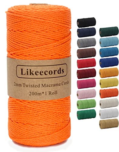 Likeecords Makramee Garn 2mm x 200m Baumwollgarn Makramee-Seil, Makramee-Schnur,Bunte Baumwoll-Bastelschnur zum Aufhängen Pflanzenaufhänger Basteln Stricken (Orange) von Likeecords