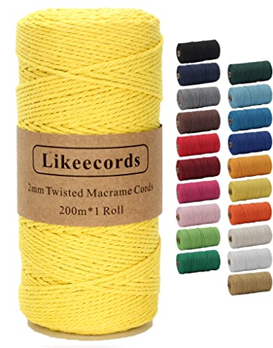 Likeecords Makramee-Schnur 2 mm x 220 Yards, farbiges Makramee-Seil, Baumwollseil, Makramee-Garn, Bunte Baumwoll-Bastelschnur zum Aufhängen, Pflanzenaufhänger, Basteln, Stricken (Gelb) von Likeecords