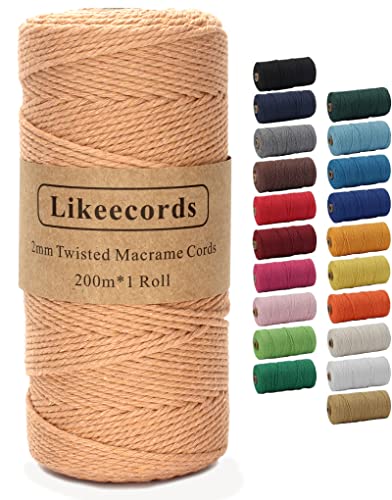 Likeecords Makramee-Schnur 2 mm x 220 Yards, farbiges Makramee-Seil, Baumwollseil, Makramee-Garn, Bunte Baumwoll-Bastelschnur zum Aufhängen, Pflanzenaufhänger, Basteln, Stricken (Kaffee) von Likeecords