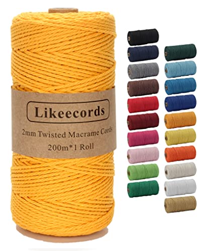 Likeecords Makramee Garn 2mm x 200m Baumwollgarn Makramee-Seil, Makramee-Schnur,Bunte Baumwoll-Bastelschnur zum Aufhängen Pflanzenaufhänger Basteln Stricken (Golden) von Likeecords