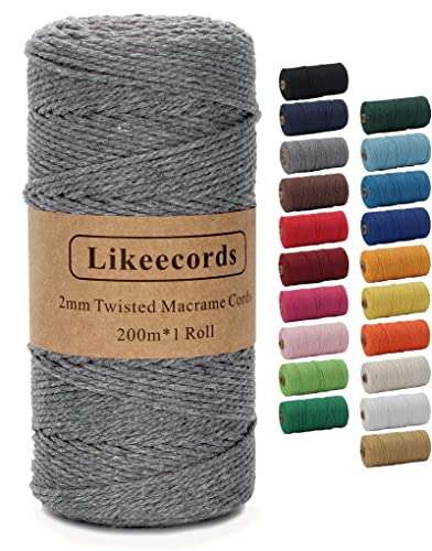 Likeecords Makramee-Schnur 2 mm x 220 Yards, farbiges Makramee-Seil, Baumwollseil, Makramee-Garn, Bunte Baumwoll-Bastelschnur zum Aufhängen, Pflanzenaufhänger, Basteln, Stricken (dunkelgrau) von Likeecords