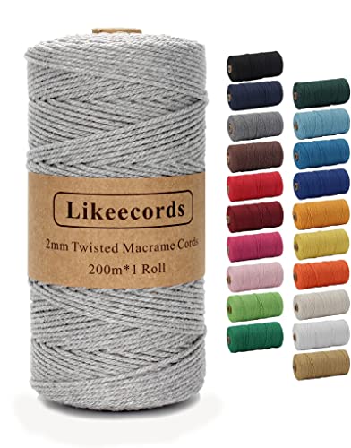 Likeecords Makramee-Schnur 2 mm x 220 Yards, farbiges Makramee-Seil, Baumwollseil, Makramee-Garn, Bunte Baumwoll-Bastelschnur zum Aufhängen, Pflanzenaufhänger, Basteln, Stricken (hellgrau) von Likeecords