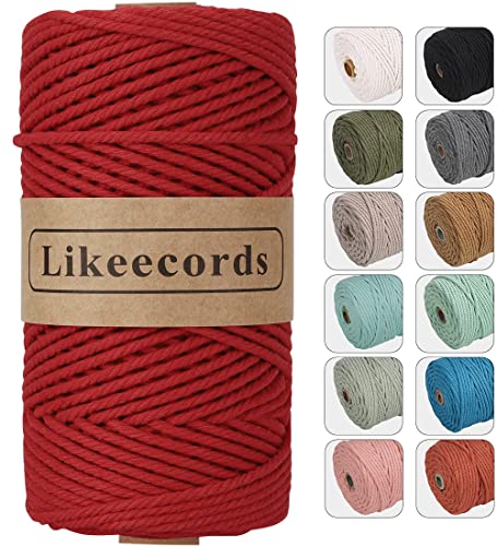 Likeecords Makramee Garn 4mm x 100m,Natürliches Baumwollschnur, Makramee-Seil,Bunte Bastelkordel aus Baumwolle für Taschen, Wandbehänge, Pflanzenaufhänger (Helles Rot) von Likeecords