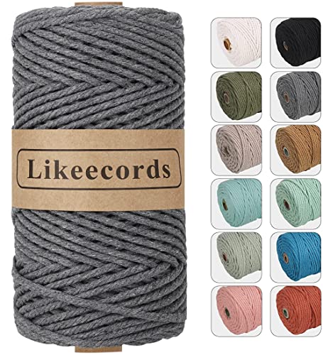 Likeecords Makramee Garn 4mm x 100m,Natürliches Baumwollschnur, Makramee-Seil, Bunte Bastelkordel aus Baumwolle für Taschen, Wandbehänge, Pflanzenaufhänger (dunkelgrau) von Likeecords