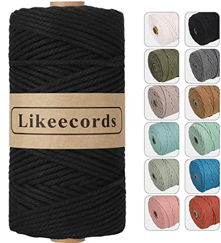 Likeecords Makramee Garn 4mm x 100m,Natürliches Baumwollschnur, Makramee-Seil, Bunte Bastelkordel aus Baumwolle für Taschen, Wandbehänge, Pflanzenaufhänger (schwarz) von Likeecords