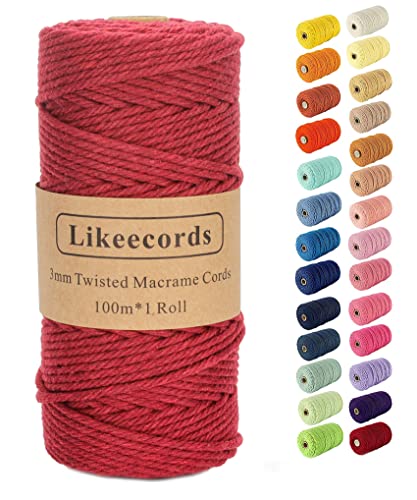 Likeecords makramee garn 3mm x 100m, farbiges Makramee-Seil, Baumwollseil, Makramee-Garn, Bunte Baumwoll-Bastelschnur zum Aufhängen, Pflanzenaufhänger, Basteln, Stricken (Dunkelrot) von Likeecords