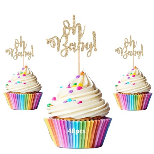 LilaLemon Cupcake-Topper mit Aufschrift "Oh Baby", glitzernde Kuchenaufsätze, Babyparty-Dekorationen für Kinder, Jungen oder Mädchen, Geburtstagsparty-Zubehör, 48 Stück von LilaLemon