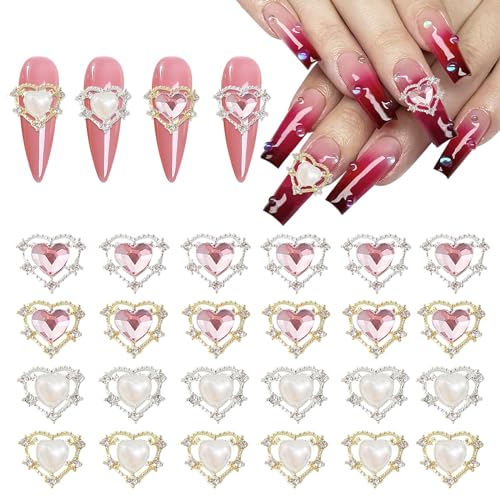 Lilbitty 24 Stück Herz-Nagel-Kunst-Anhänger, Gold und Silber 3D-Nagel-Anhänger, Herz-Nagel-Zubehör, weiße Perlen, rosa Strasssteine, Nagel-Anhänger für Frauen Mädchen von Lilbitty