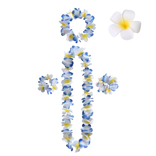 Lilbitty 5Pcs Blumenkette Deko Leis Blumenketten Hawaii Ketten Blumen Mit Halskette Stirnband Armband Haarclips, Luau Blumengirlande FüR Hawaii Strandpartys Hochzeit, Blau und Gelb von Lilbitty