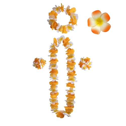 Lilbitty 5Pcs Blumenkette Deko Leis Blumenketten Hawaii Ketten Blumen Mit Halskette Stirnband Armband Haarclips, Luau Blumengirlande FüR Hawaii Strandpartys Hochzeit, orange weiß von Lilbitty