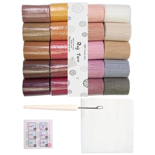 Lilinzhi Acrylgarn-Set mit Hakenwerkzeug und 50 x 50 cm Masche für Teppichherstellung, Anfängerbedarf, Teppichhaken, Acrylgarn, 20 Farben von Lilinzhi