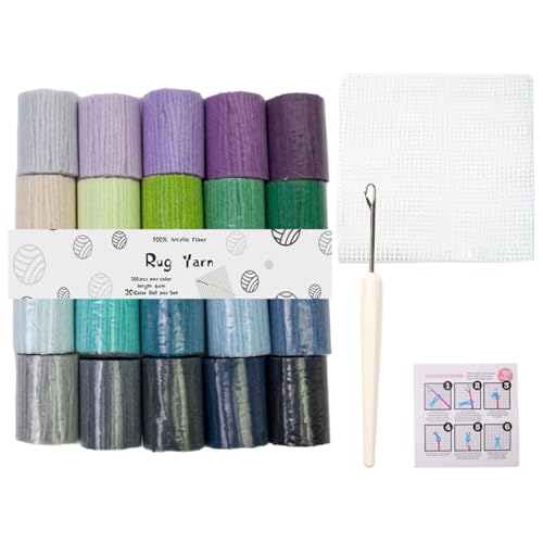 Lilinzhi Acrylgarn-Set mit Hakenwerkzeug und 50 x 50 cm Masche für Teppichherstellung, Anfängerbedarf, Teppichhaken, Acrylgarn, 20 Farben von Lilinzhi