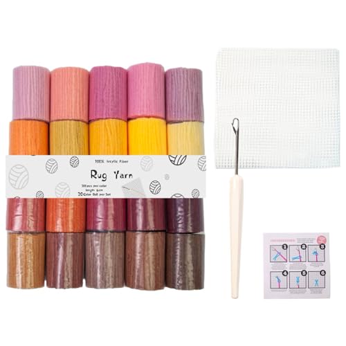 Lilinzhi Acrylgarn-Set mit Hakenwerkzeug und 50 x 50 cm Masche für Teppichherstellung, Anfängerbedarf, Teppichhaken, Acrylgarn, 20 Farben von Lilinzhi