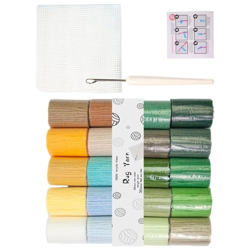 Lilinzhi Acrylgarn-Set mit Hakenwerkzeug und 50 x 50 cm Masche für Teppichherstellung, Anfängerbedarf, Teppichhaken, Acrylgarn, 20 Farben von Lilinzhi