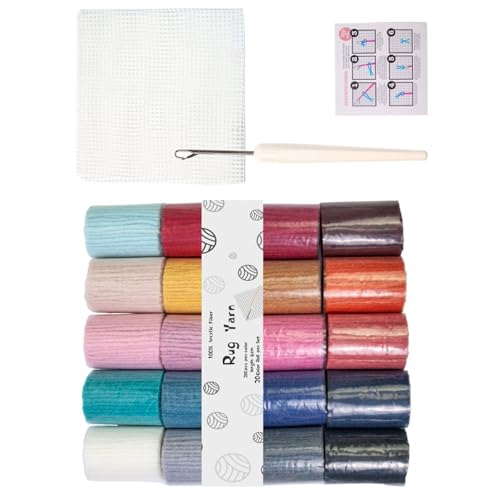 Lilinzhi Acrylgarn-Set mit Hakenwerkzeug und 50 x 50 cm Masche für Teppichherstellung, Anfängerbedarf, Teppichhaken, Acrylgarn, 20 Farben von Lilinzhi