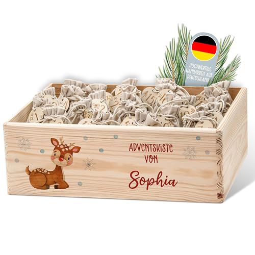 Lilleta ® Personalisierte Adventskiste - Adventskalender 2024 aus Holz mit Namen - Weihnachtskalender für Kinder & Erwachsene (Rudolf) von Lilleta