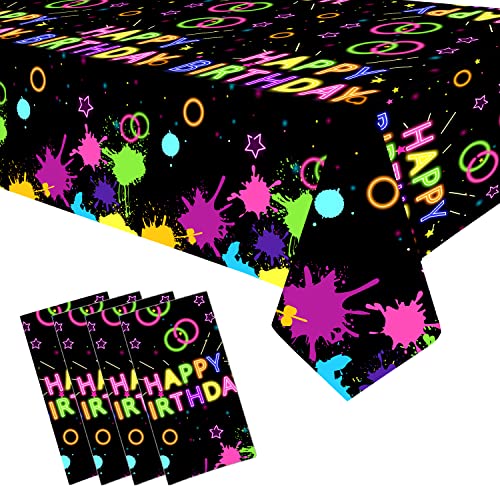 4 Pack leuchtenden Neon Party Tischdecken liefert - alles Gute zum Geburtstag Neon-Thema Kunststoff Einweg-Tischdecke für Glühen in der dunklen Party BlackLight Party Dekorationen, 130 x 220 CM von Lilwemen