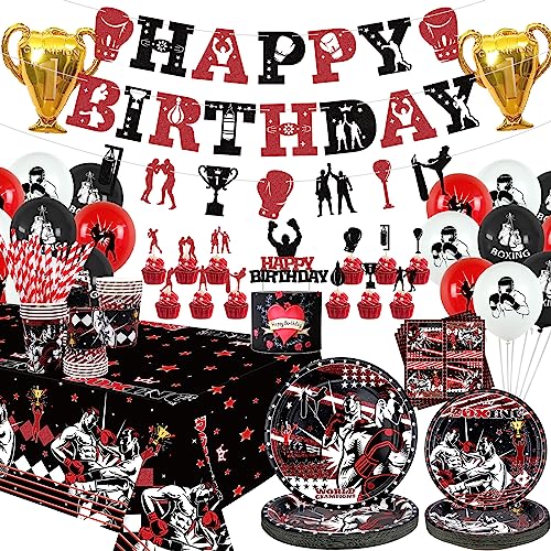 Box-Party-Dekorationen, Boxer, Boxen, Kampfsport, Partyzubehör – Happy Birthday Banner, Teller, Tischdecken, Luftballons, Servietten, Tassen, Wrestling-Partyzubehör, für 20 Gäste von Lilwemen