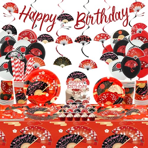 Faltfächer-Partyzubehör, Hibachi-japanische Partydekorationen – Happy Birthday-Banner, Kuchendekorationen, Geschirr, Tischdecken und Luftballons, für 20 Personen von Lilwemen