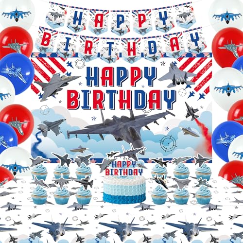 Geburtstagsdekorationen für Kampfjet-Partys, Flugzeug-Partydekorationen, darunter Flugzeugbanner, Hintergrund und Luftballons für Luftwaffen-Partyzubehör von Lilwemen