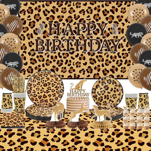 Gepard Geburtstag Dekorationen Leopard Print Party Supplies einschließlich Happy Birthday Backdrop Geschirr Tischdecke Luftballons für Dschungel-Safari Print Party Baby Shower, serviert 20 von Lilwemen