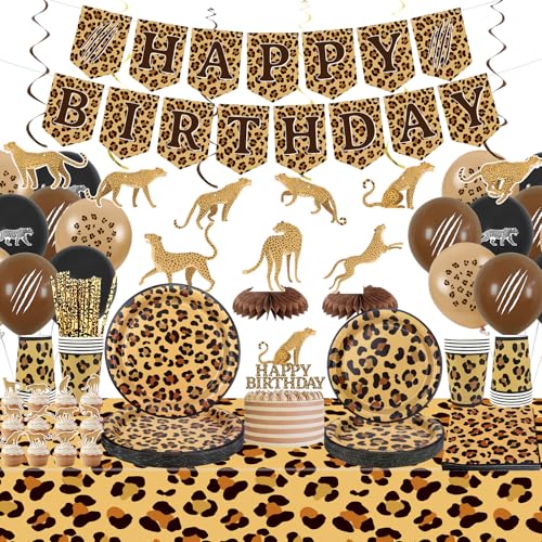 Gepard Geburtstag Dekorationen Leopard Print Party Supplies einschließlich Happy Birthday Banner Hanging Swirls Geschirr Tischdecke Ballons für Dschungel Safari Print Party, serviert 20 von Lilwemen
