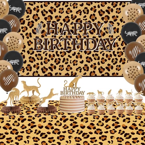 Gepard Geburtstag Party Dekoration - Leopard drucken Party Supplies umfassen alles Gute zum Geburtstag Hintergrund Kuchen Topper Tischdecke Ballons für Dschungel Safari Baby Shower von Lilwemen