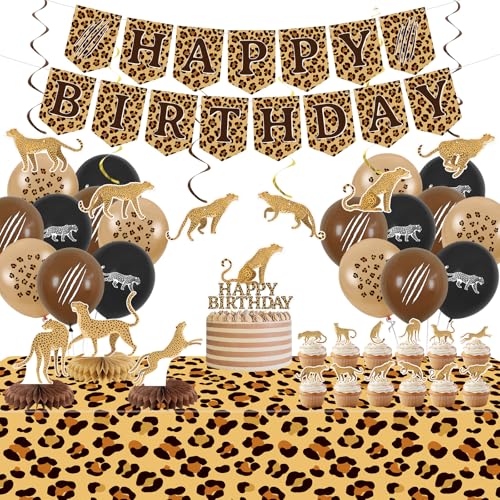 Gepard Geburtstag Party Dekoration - Leopardendruck Party Supplies umfassen alles Gute zum Geburtstag Banner Kuchen Topper Tischdecke Ballons für Dschungel Safari Baby Shower von Lilwemen