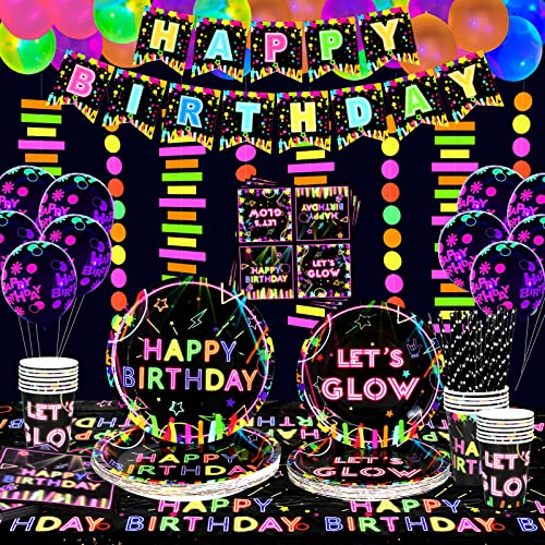 Lilwemen Glow Neon Party Supplies, Glow in The Dark Partydekorationen – Happy Birthday Banner, Neonballons, Teller, Servietten, Becher für UV-Schwarzlicht-Partydekorationen, für 20 Personen (A) von Lilwemen