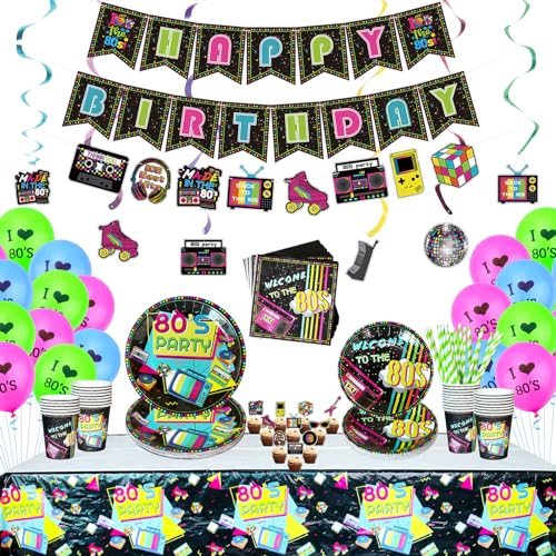 Lilwemen 80er Partydekorationsset, 80er Partyzubehör, einschließlich Alles Gute ZUM Geburtstag Banner, hängende Wirbel, Teller, Servietten, Tischdecken, Tassen, Geschirr, Luftballons - 20 Gäste Lilwemen 80er Partydekorationsset, 80er Partyzubehör, einschließlich Alles Gute ZUM Geburtstag Banner, hängende Wirbel, Teller, Servietten, Tischdecken, Tassen, Geschirr, Luftballons - 20 Gäste von Lilwemen