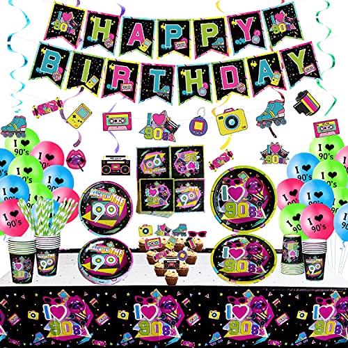 Lilwemen 90er Partydekorationsset, 90er Partyzubehör, einschließlich Happy Birthday Banner, hängende Wirbel, Teller, Servietten, Tischdecke, Tassen, Geschirr, Luftballons - für 20 Gäste von Lilwemen