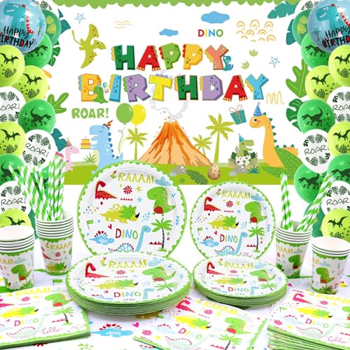 Lilwemen Dinosaurier-Partyzubehör, Dinosaurier-Partydekorationen, einschließlich Happy Birthday-Banner, Luftballons, Tischdecke, Teller, Tassen – für 20 Personen von Lilwemen