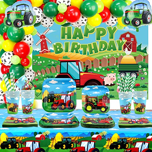 Lilwemen Geburtstagsparty-Zubehör mit Traktor-Thema – Traktor-Farm-Party-Geschirr, einschließlich Teller, Tassen, Servietten, Tischdecke, Strohhalm, Hintergrund, Luftballons, für 20 Gäste von Lilwemen