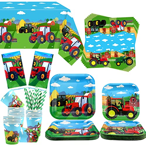 Lilwemen Geburtstagsparty-Zubehör mit Traktor-Thema – Traktor-Farm-Party-Geschirr, einschließlich Traktor-Teller, Tassen, Servietten, Tischdecke, Strohhalm, für 20 Gäste (2) von Lilwemen