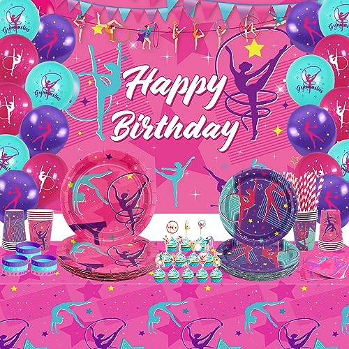 Lilwemen Gymnastics Birthday Party Supplies – einschließlich Banner, Gymnastikgeschirr, Tischdecke und Luftballons, Dekorationen für Ihre kleinen Tanzturner, Baby-Party (Hintergrund) von Lilwemen
