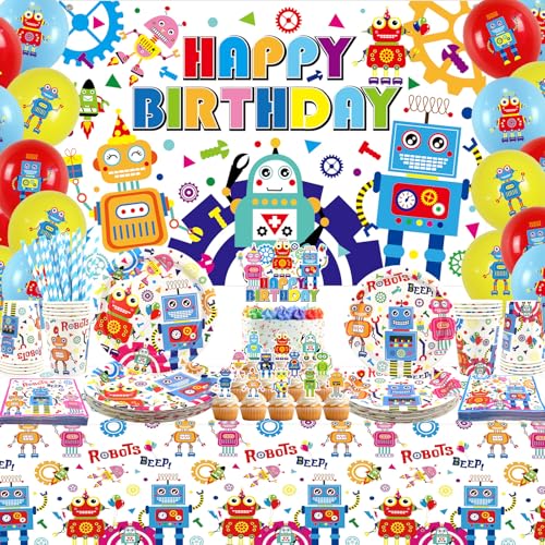Lilwemen Roboter Geburtstagsparty Dekoration: Hintergrund, Geschirr, Tischdecke und Ballone, Roboter Party Zubehör für Jungen Mädchen Kinder Baby Dusche, serviert 20 von Lilwemen