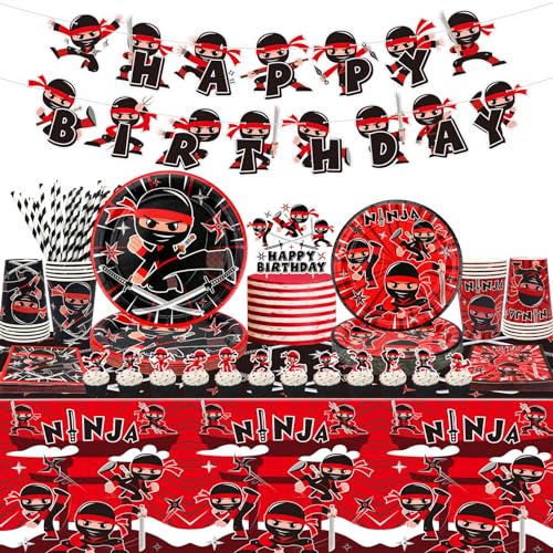 Ninja Geburtstag Dekoration - Banner, Tischtuch, Teller, Servietten, Geschirr für Karate Ninja Warrior Master Party - Jungen Mädchen Baby Dusche Supplies, Serviert 20 von Lilwemen