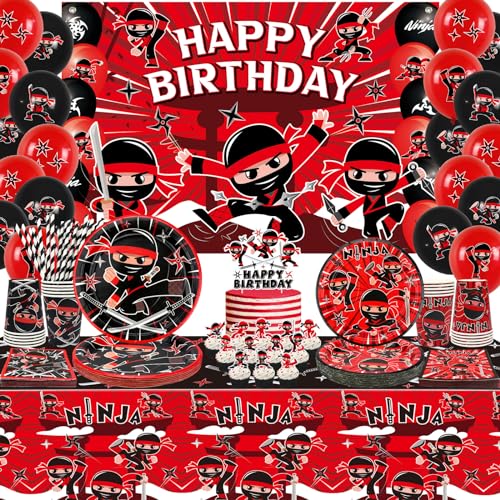 Ninja Geburtstag Party Dekoration, Ninja Happy Birthday Backdrop, Geschirr, Tischdecke und Luftballons, Karate Party Ninja Warrior Master Party Zubehör für Jungen Mädchen Baby Dusche, serviert 20 Ninja Geburtstag Party Dekoration, Ninja Happy Birthday Backdrop, Geschirr, Tischdecke und Luftballons, Karate Party Ninja Warrior Master Party Zubehör für Jungen Mädchen Baby Dusche, serviert 20 von Lilwemen