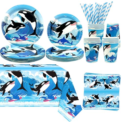 Ozean Orca Party Dekorationen - Orca Happy Birthday Backdrop, Cake Toppers, Geschirr, Tischdecke und Luftballons für Killer Whales Party Supplies Under The Sea, serviert 20 Ozean Orca Party Dekorationen - Orca Happy Birthday Backdrop, Cake Toppers, Geschirr, Tischdecke und Luftballons für Killer Whales Party Supplies Under The Sea, serviert 20 von Lilwemen