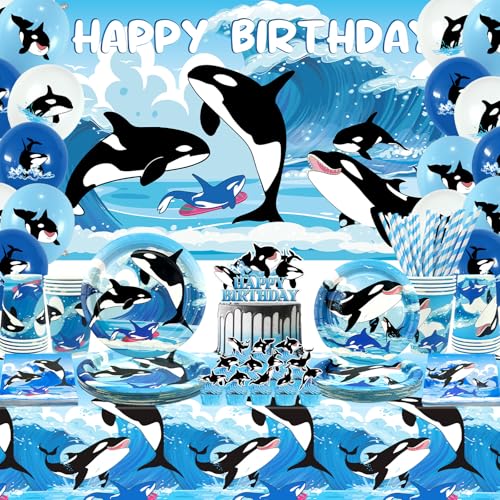 Ozean Orca Party Dekorationen - Orca Happy Birthday Backdrop, Cake Toppers, Geschirr, Tischdecke und Luftballons für Killer Whales Party Supplies Under The Sea, serviert 20 Ozean Orca Party Dekorationen - Orca Happy Birthday Backdrop, Cake Toppers, Geschirr, Tischdecke und Luftballons für Killer Whales Party Supplies Under The Sea, serviert 20 von Lilwemen