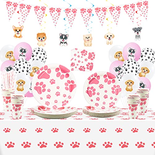 Pink Dog Birthday Supplies, Doggy Paw Print Party Dekorationen einschließlich Papiergeschirr, Hängende Wirbel, Luftballons, Tischdecke für Mädchen Welpen, Kinder, Hundeliebhaber, Serves 20 von Lilwemen