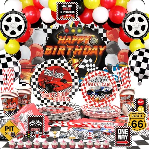 Race Car Birthday Party Dekorationen, Happy Birthday Racing Car Backdrop, Luftballons, Geschirr, Car Party Schilder, Tischdecke für Kinder Jungen, Let's Go Racing, Checkered Party Supplies, Serves 20 von Lilwemen