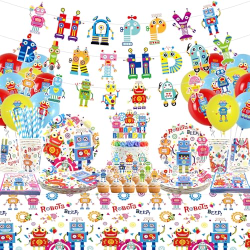 Roboter Geburtstag Party Dekoration - Happy Birthday Banner, Geschirr, Tischdecke und Ballone - Party Zubehör für Jungen Mädchen Kinder Baby Dusche - Serviert 20 von Lilwemen