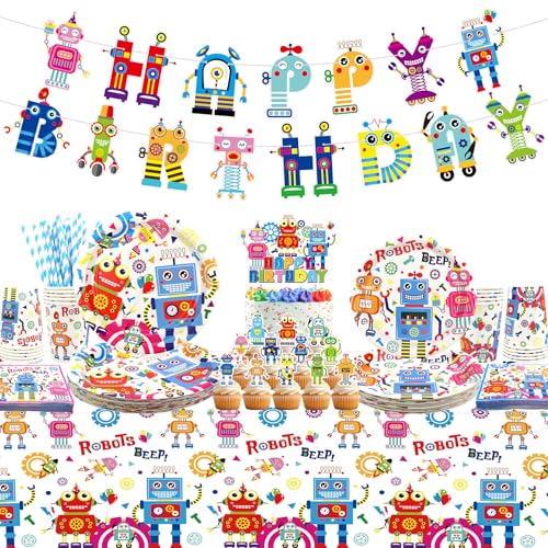 Roboter-Geburtstagsparty-Dekoration: Muster Banner, Tischdecke, Teller, Servietten, Geschirr, Roboter Theme Party Zubehör für Jungen Mädchen Kinder Baby Dusche, Serviert 20 Roboter-Geburtstagsparty-Dekoration: Muster Banner, Tischdecke, Teller, Servietten, Geschirr, Roboter Theme Party Zubehör für Jungen Mädchen Kinder Baby Dusche, Serviert 20 von Lilwemen