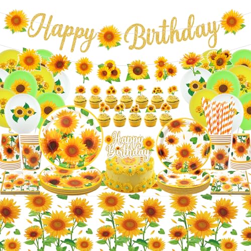 Sonnenblume Geburtstag Party Dekorationen - Sonnenblume alles Gute zum Geburtstag Banner, Cake Toppers, Geschirr, Tischdecke und Luftballons, Sonnenblume Party Supplies für Mädchen Frauen, serviert 20 Sonnenblume Geburtstag Party Dekorationen - Sonnenblume alles Gute zum Geburtstag Banner, Cake Toppers, Geschirr, Tischdecke und Luftballons, Sonnenblume Party Supplies für Mädchen Frauen, serviert 20 von Lilwemen